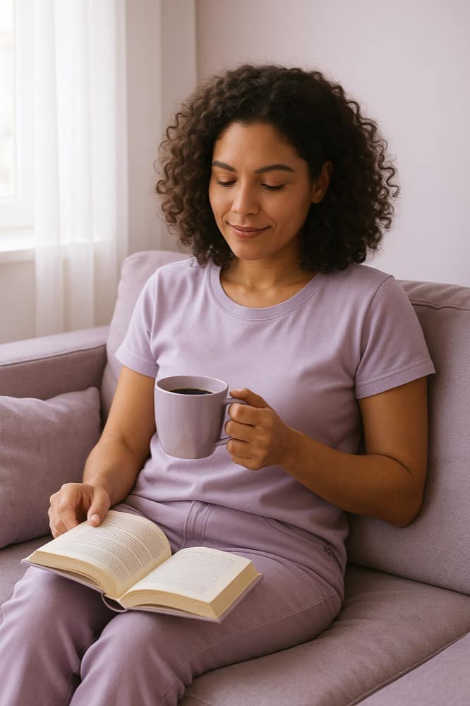 Mulher relaxando em casa com um café e um livro no tempo livre